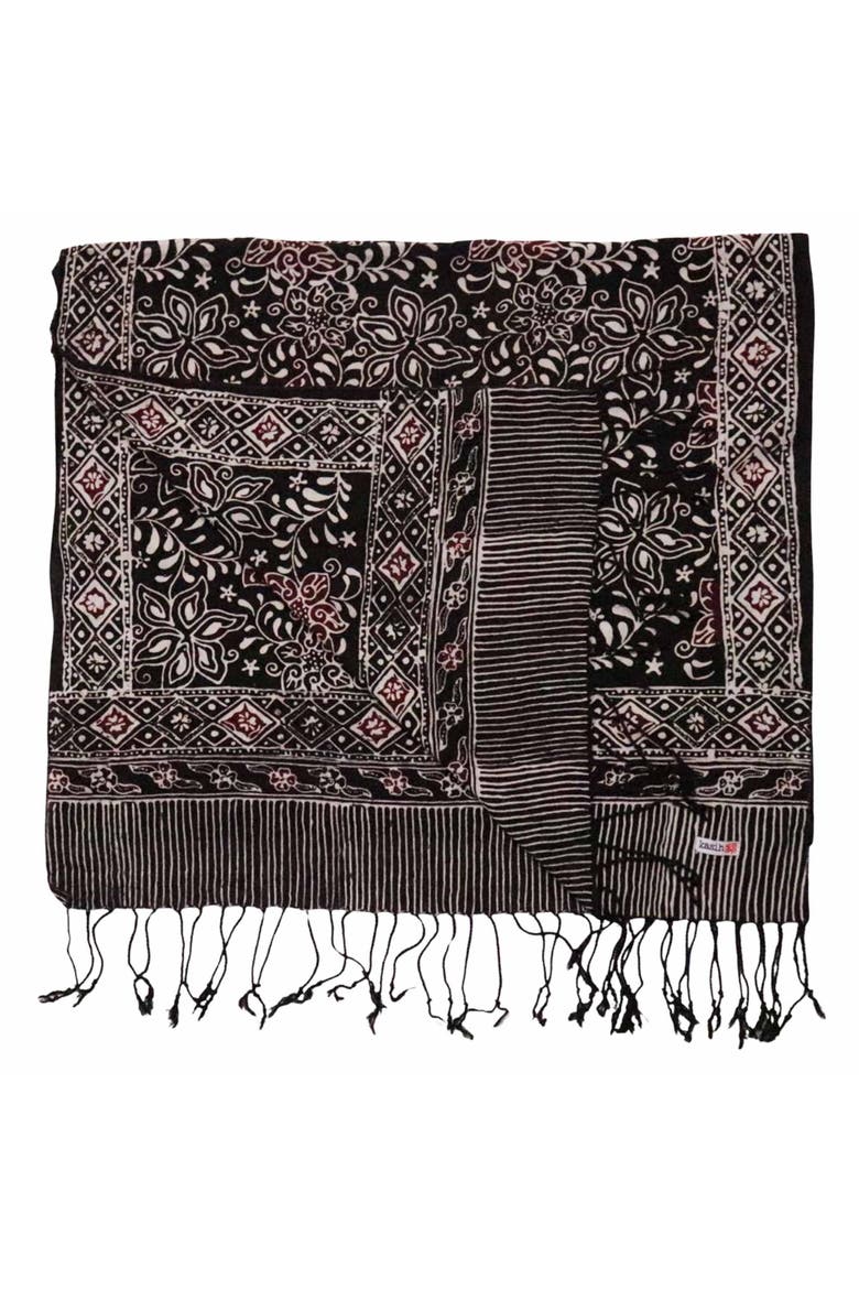 Hand Dyed Batik Scarf, Alternate, color, Black Red Floral Star