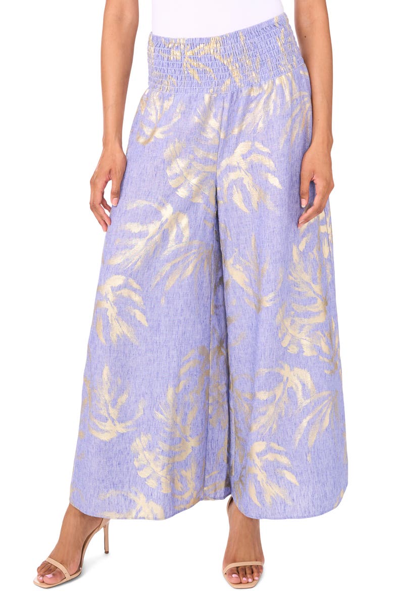 Vince Camuto Printed Smocked Waist Wide Leg Pants, Main, color, Blue Globe Blue W Foil