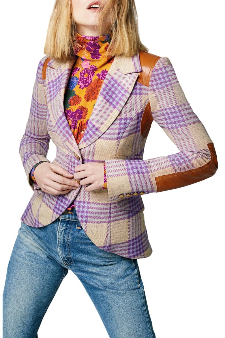 Plaid Leather Rifle Patch Wool Equestrian Blazer, Main, color, ORCHID PLAID
