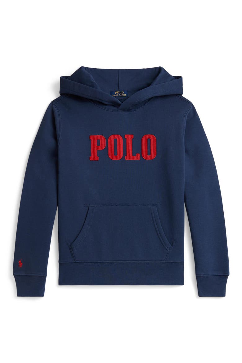 Kids' Logo Embroidered Cotton Blend Fleece Hoodie, Main, color, RUSTIC NAVY