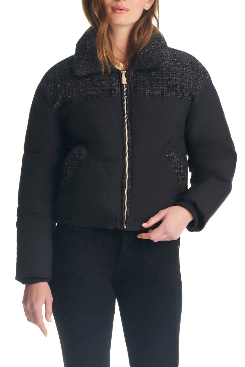 crop tweed mix media puffer jacket, Alternate, color, BLACK