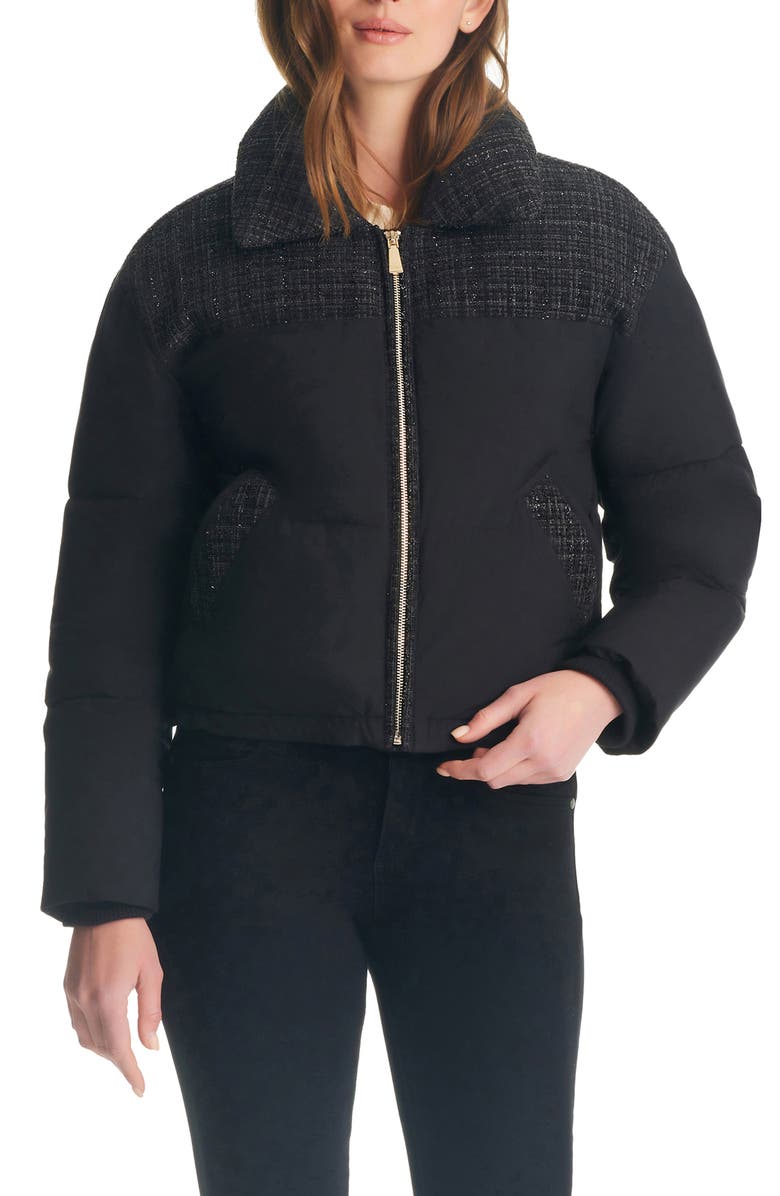 Kate Spade New York crop tweed mix media puffer jacket, Alternate, color, 