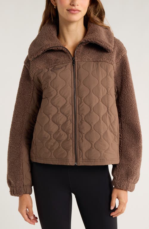 Zella Faux Shearling & Quilted Nylon Hybrid Jacket In Brown