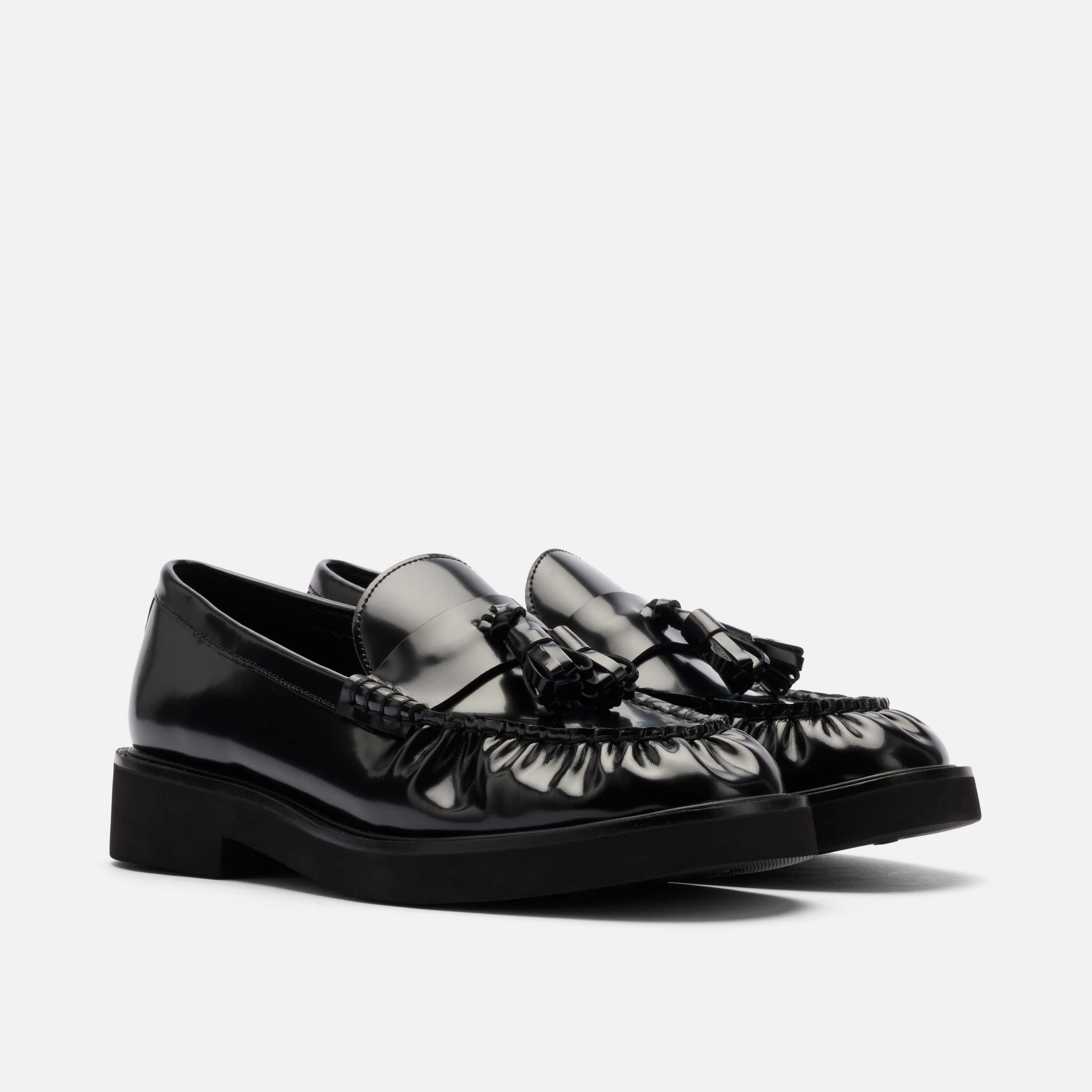 Ella Black Pleated Leather Tassel Loafer, Main, color, Black