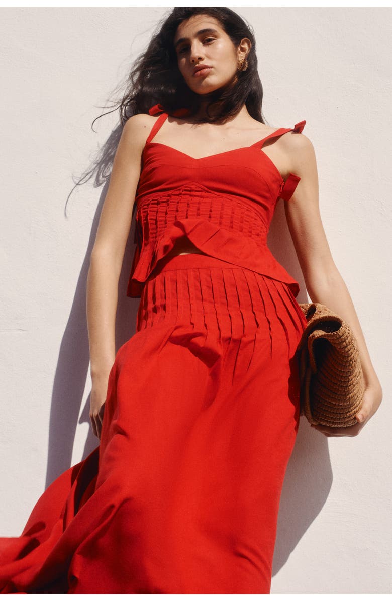 H&M Pleated Linen-blend Skirt, Alternate, color, Bright Red