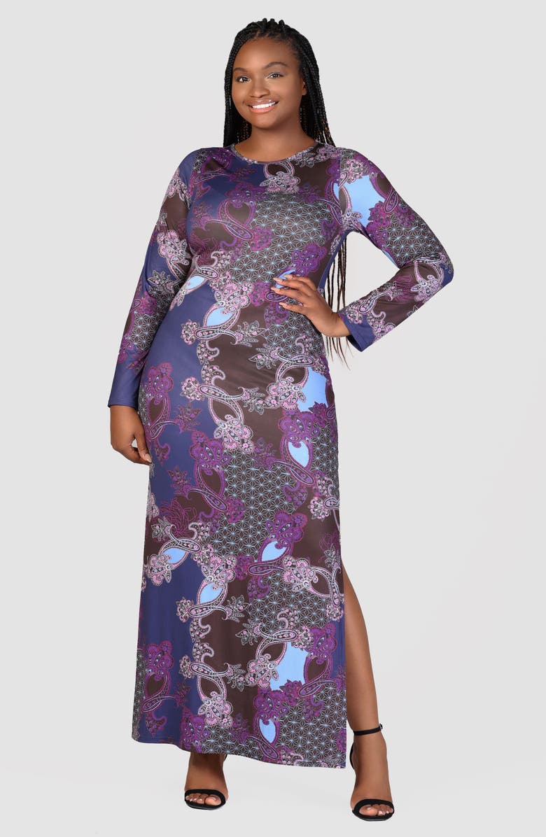 24seven Comfort Apparel Mixed Print Long Sleeve Maxi Dress, Alternate, color, Purple Multi