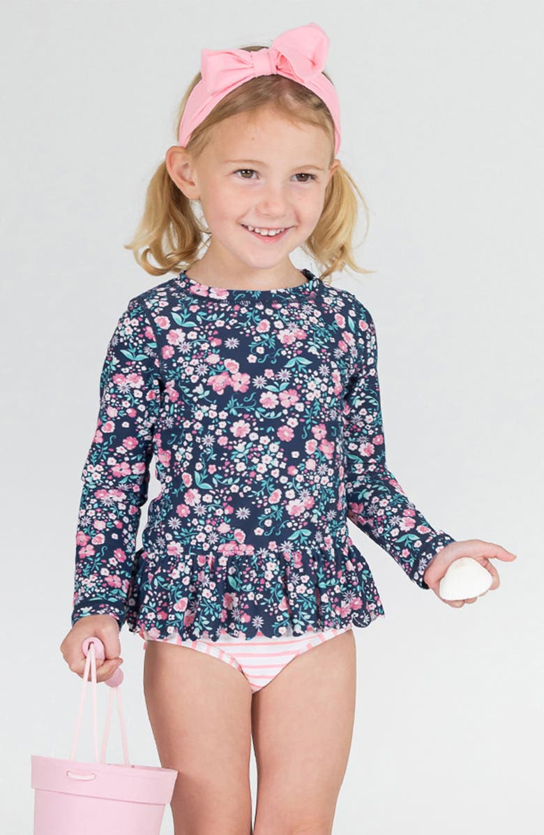 RuffleButts Moonlit Meadow Scalloped Long Sleeve Two-Piece Rashguard Swimsuit, Alternate, color, Blue