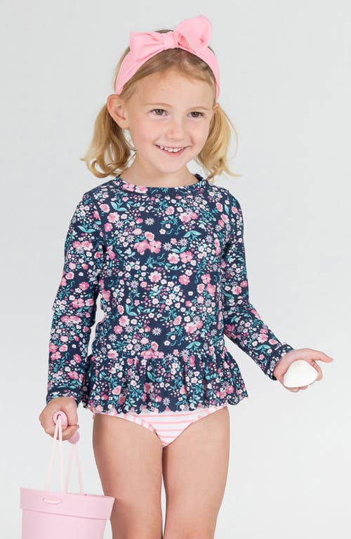 Rufflebutts Moonlit Meadow Scalloped Long Sleeve Two-piece Rashguard Swimsuit In Blue