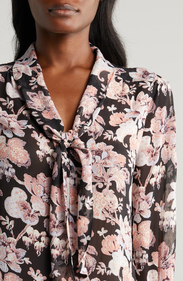 PAIGE Kirstie Floral Tie Neck Silk Shirt, Alternate, color, Blk Mlti