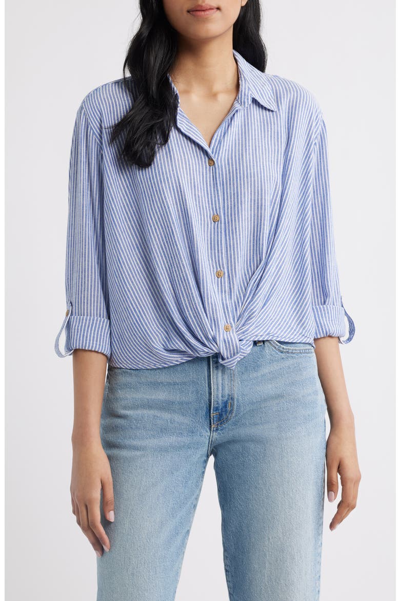 Vivica Stripe Twist Hem Button-Up Shirt, Main, color, OCEAN VEIL