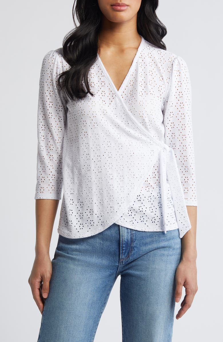 Loveappella Eyelet Wrap Top, Main, color, White