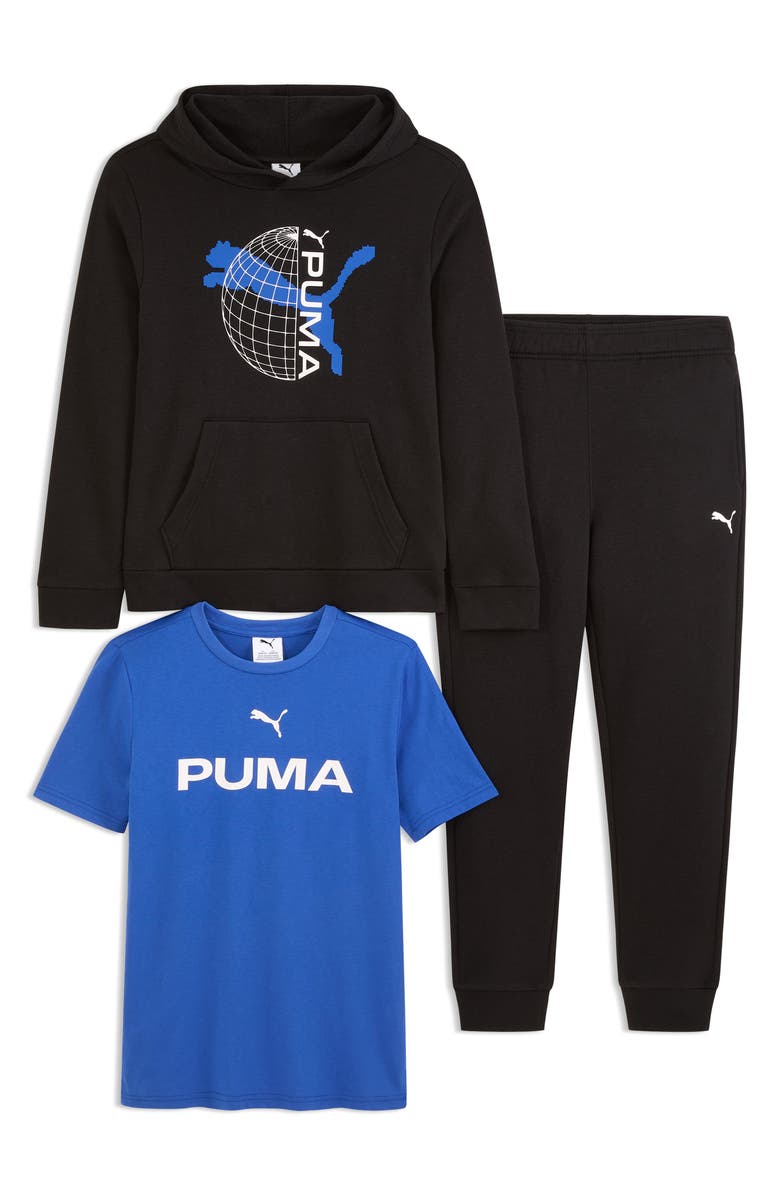 PUMA Kids' Graphic T-Shirt, Hoodie & Joggers Set, Main, color, Black