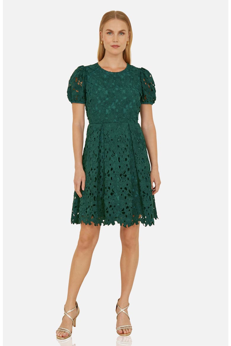 Lace Puff Sleeve Fit Flare Mini Dress, Main, color, Green