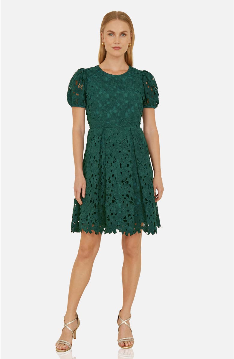 Yumi Lace Puff Sleeve Fit Flare Mini Dress, Main, color, Green