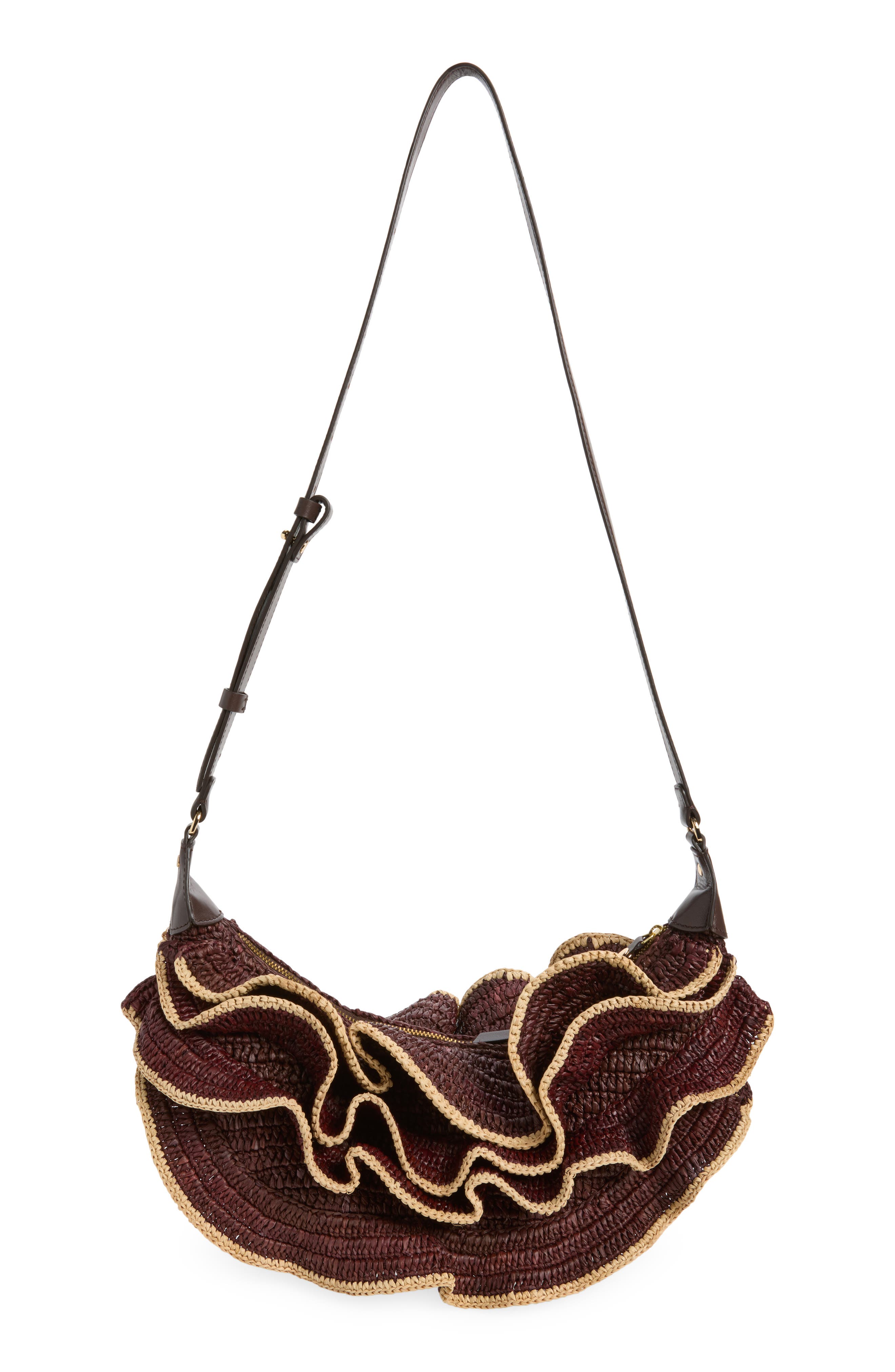 Goldentime Ruffle Woven Raffia Shoulder Bag, Alternate, color, CHOCOLATE