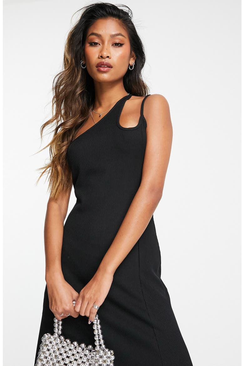 One-Shoulder Ribbed Midi Dress, Alternate, color, BLACK
