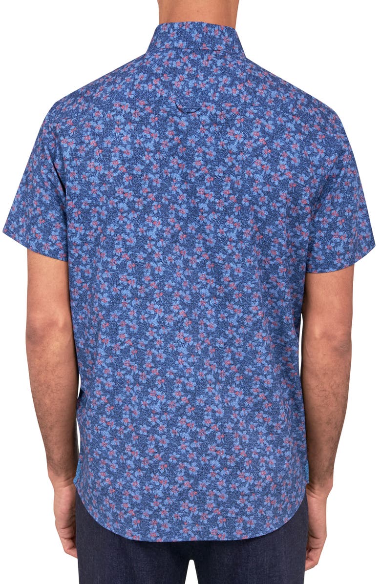 Brooklyn Brigade Slim Fit Denim Floral Recycled 4-Way Stretch Performance Short Sleeve Shirt, Alternate, color, Navy