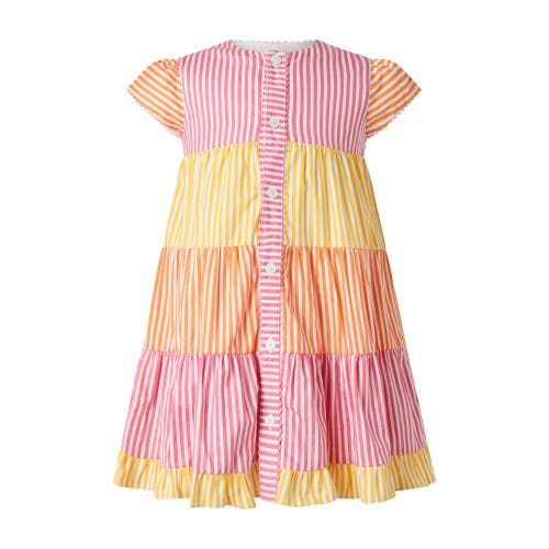 Rachel Riley Striped Tier Button-front Dress In Pink