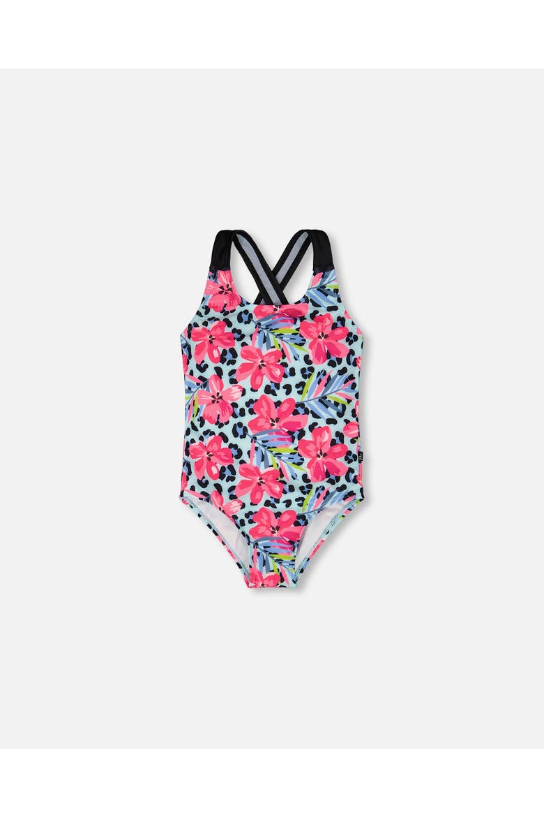 One-Piece Floral and Leopard Swimsuit, Main, color, Blue Floral and Leopard Print