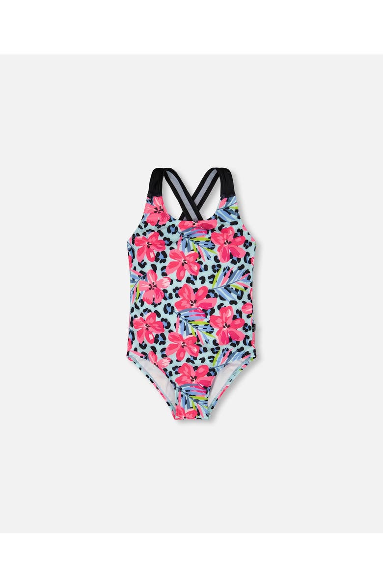 Deux par Deux One-Piece Floral and Leopard Swimsuit, Main, color, Blue Floral And Leopard Print