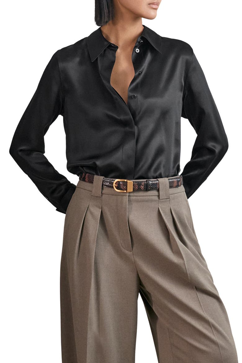 Ameira Silk Button-Up Shirt, Main, color, BLACK