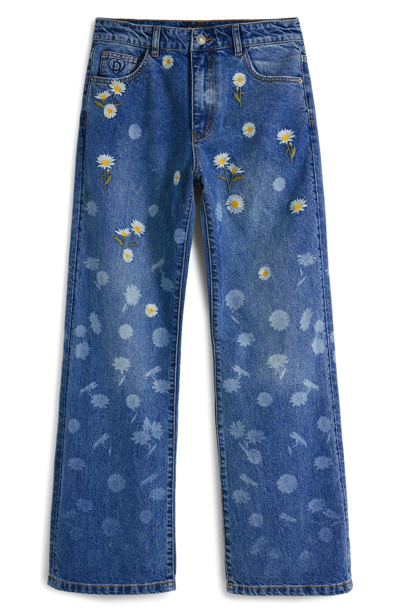 Desigual Daisy Embroidered Mid Rise Wide Leg Jeans, Alternate, color, Medium Blue