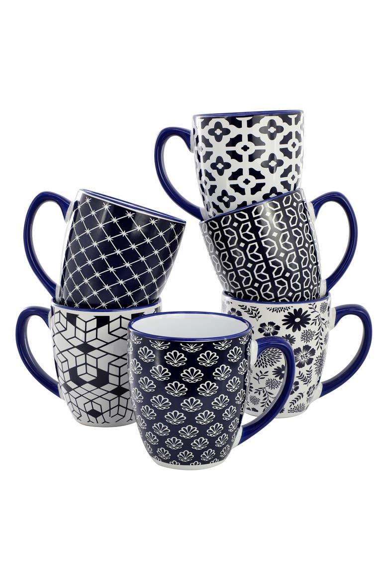 Flyn 6 Piece 16 Ounce Assorted Design Stoneware Mug Set, Main, color, Blue