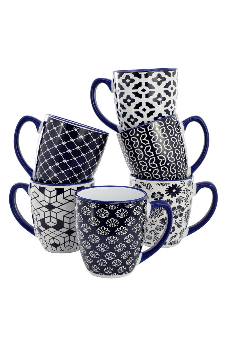 Elama Flyn 6 Piece 16 Ounce Assorted Design Stoneware Mug Set, Main, color, Blue