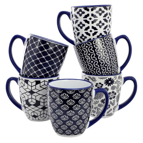 Flyn 6 Piece 16 Ounce Assorted Design Stoneware Mug Set