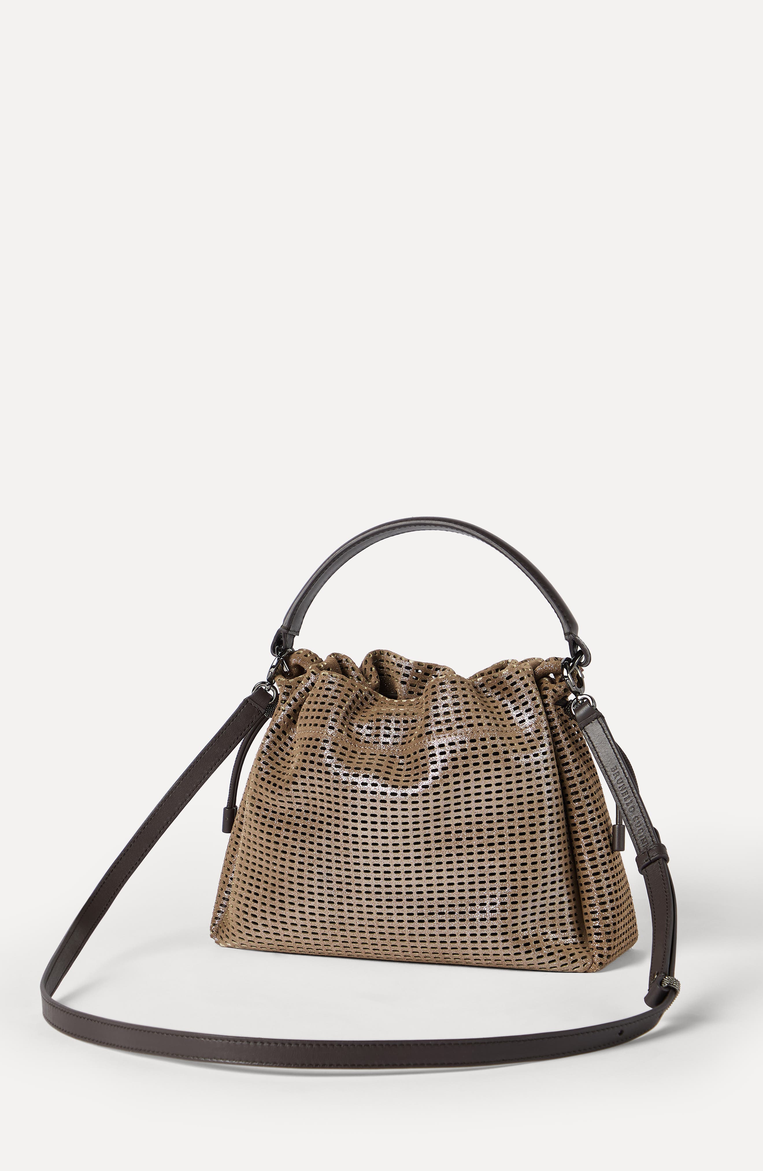 Brunello Cucinelli Leather Mellow small bucket bag, Alternate, color, Brown