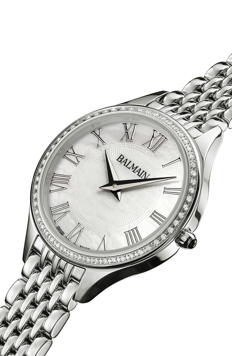BALMAIN WATCHES Mother-of-Pearl Diamond Bracelet Watch, 29mm, Alternate, color, Stainless Steel