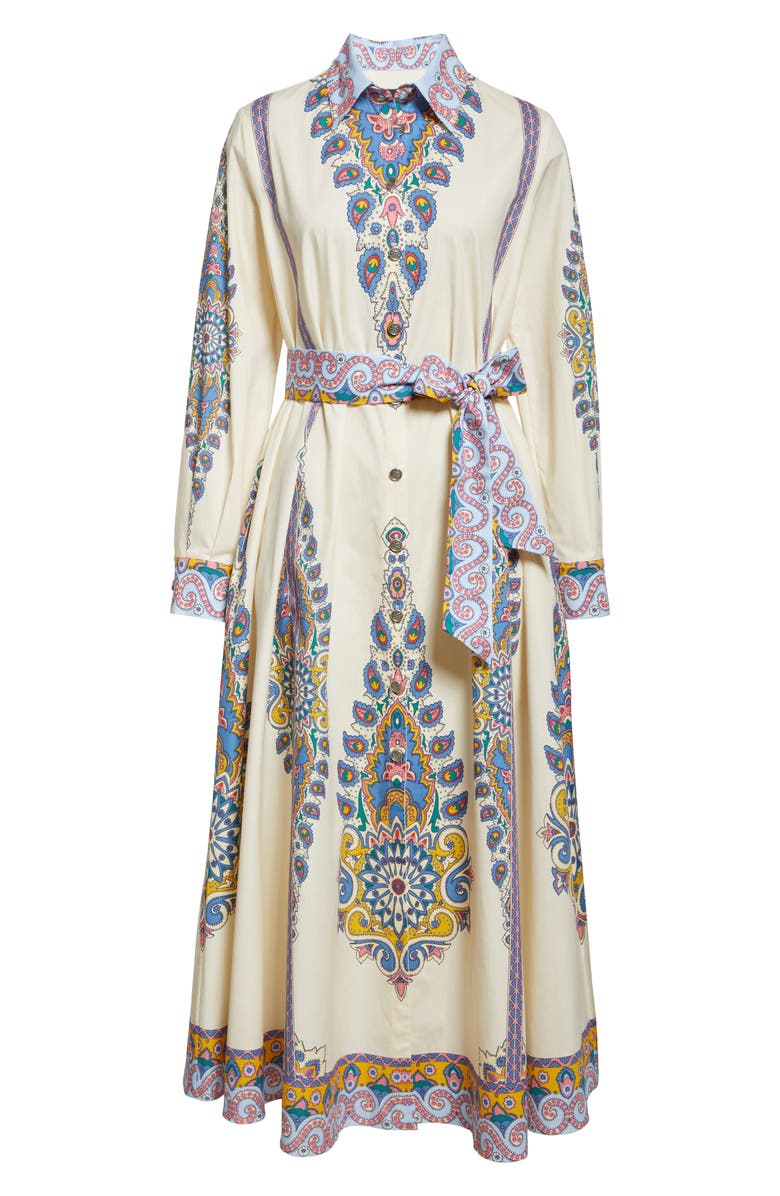 Etro Paisley Print Long Sleeve Belted Stretch Cotton Shirtdress, Alternate, color, Stampa F.do Bianco
