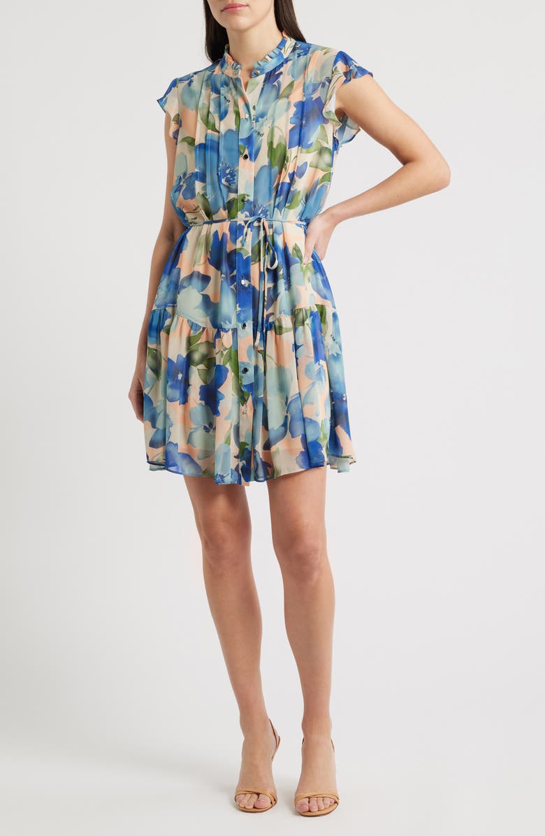 Julia Jordan Pleated Tie Waist Dress, Main, color, Blue Multi