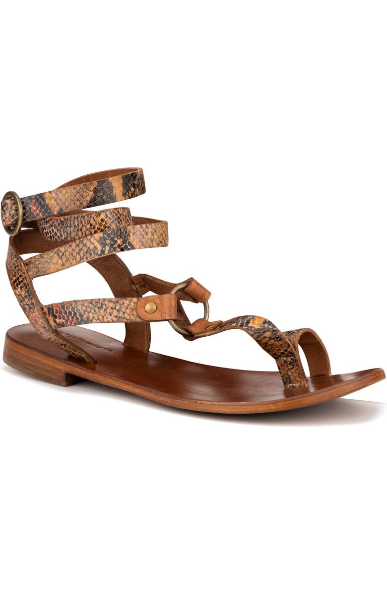 VINTAGE FOUNDRY Vina Snake Embossed Leather Ankle Strap Flat Sandal, Main, color, Tan