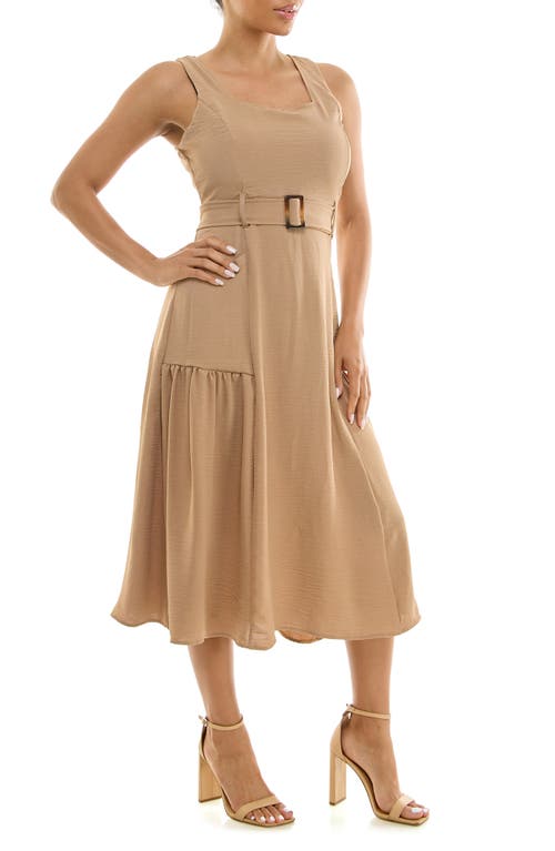 Nina Leonard Square Neck Sleeveless Belted Midi Dress
