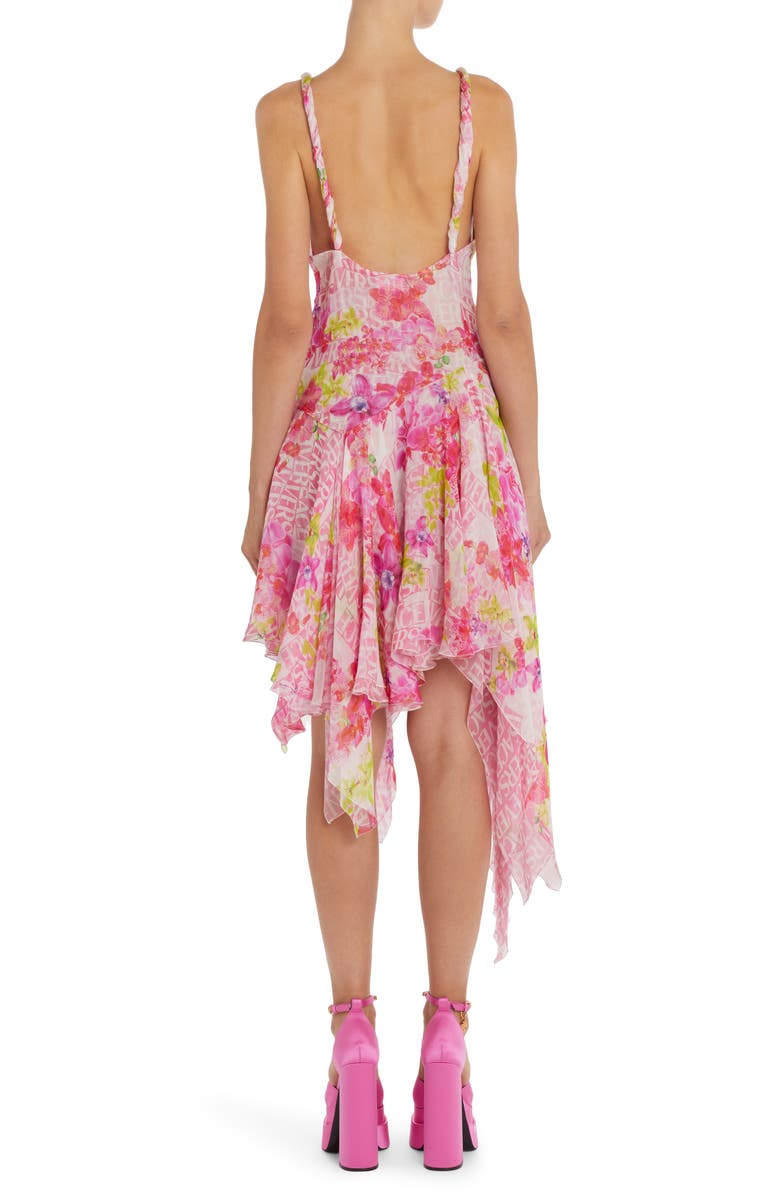 Versace Orchid Print Handkerchief Hem Silk Chiffon Dress, Alternate, color, 