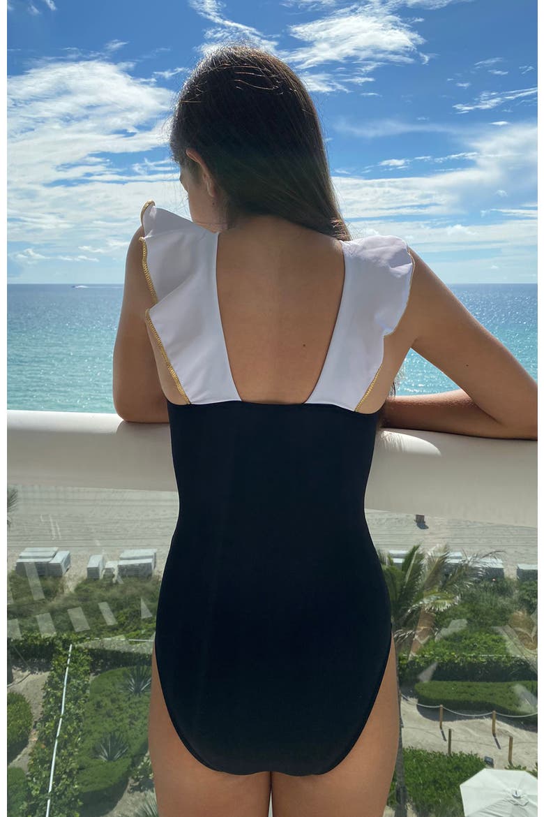 Ruffled V-Neck Shimmering Gold Accents One-Piece Swimsuit, Alternate, color, Black