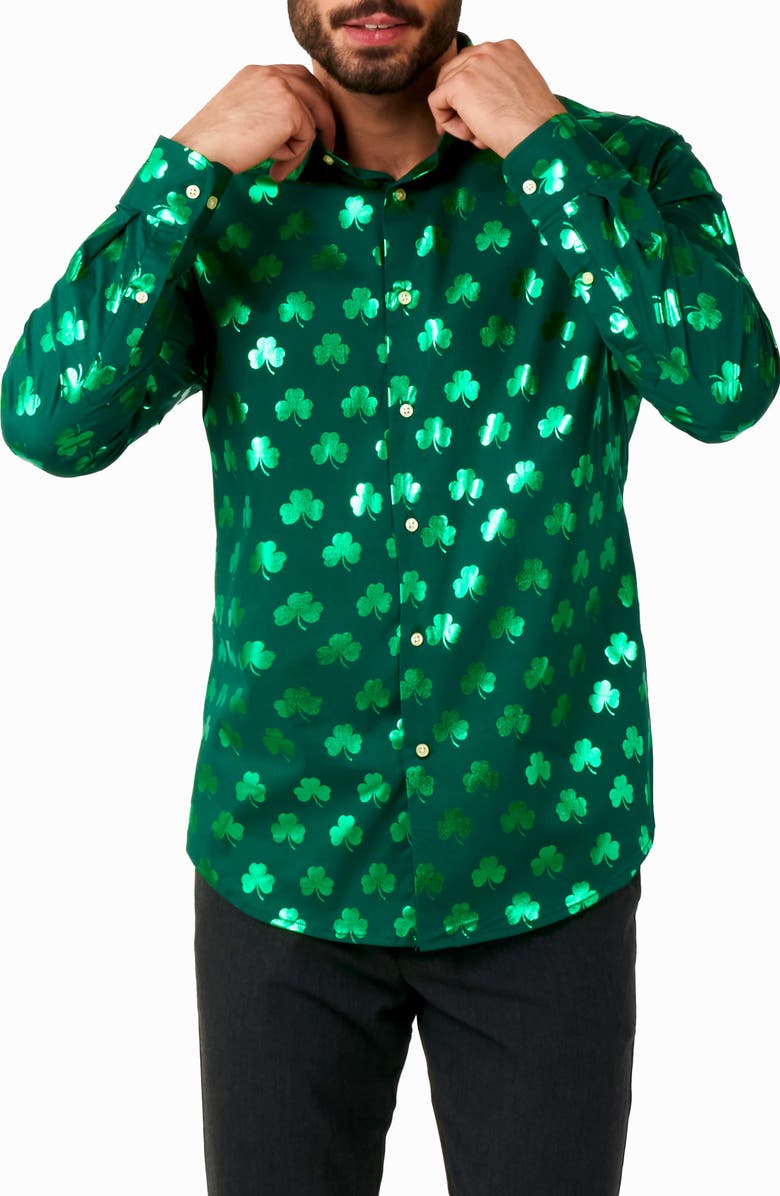 OppoSuits Foil Shamrock Dress Shirt, Main, color, Green