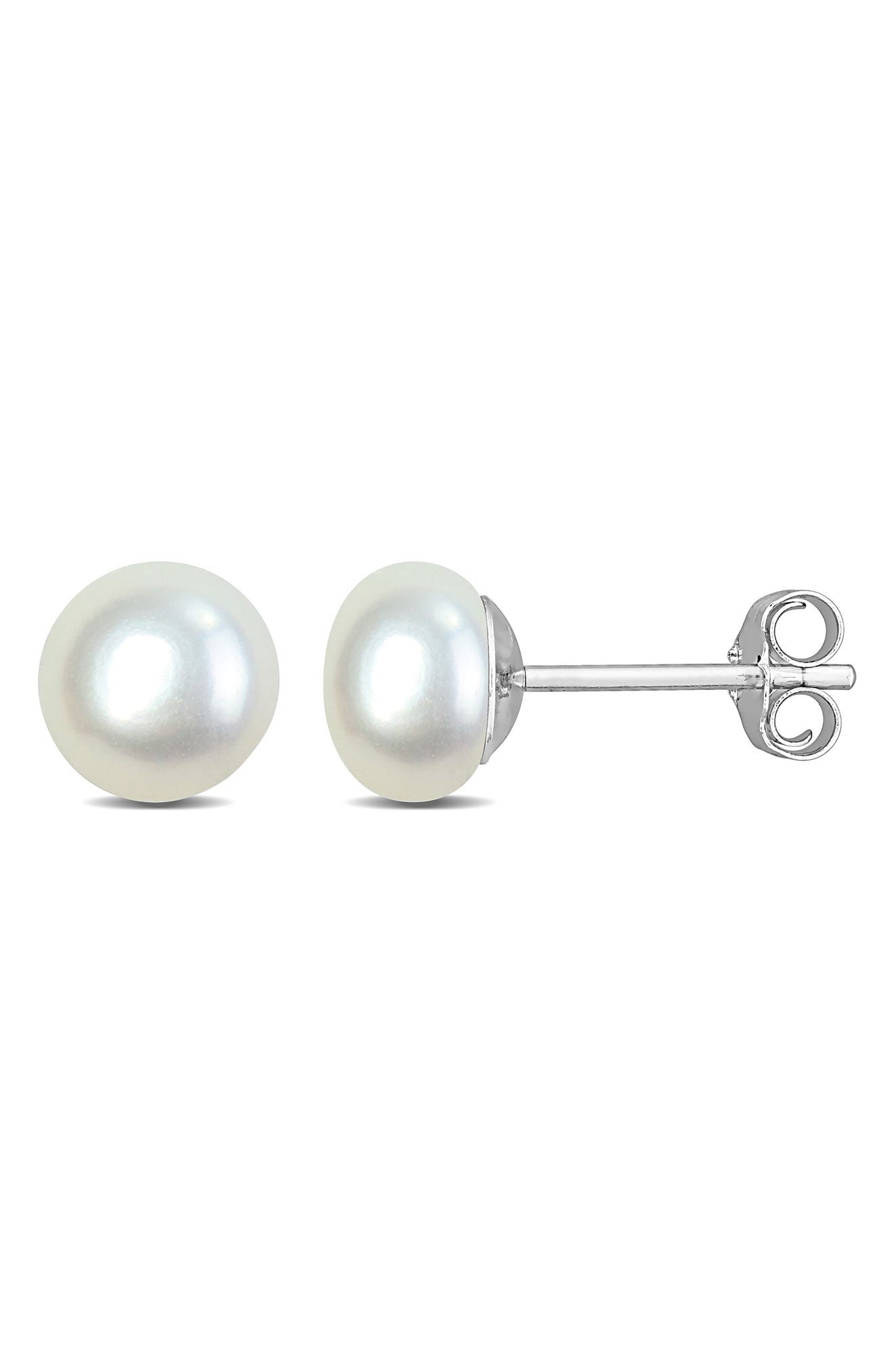 DELMAR Sterling Silver Cultured White Pearl Stud Earrings