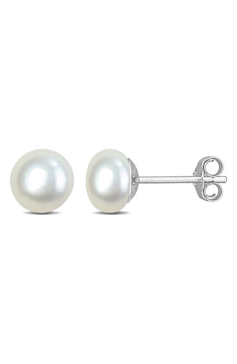 Sterling Silver Cultured White Pearl Stud Earrings