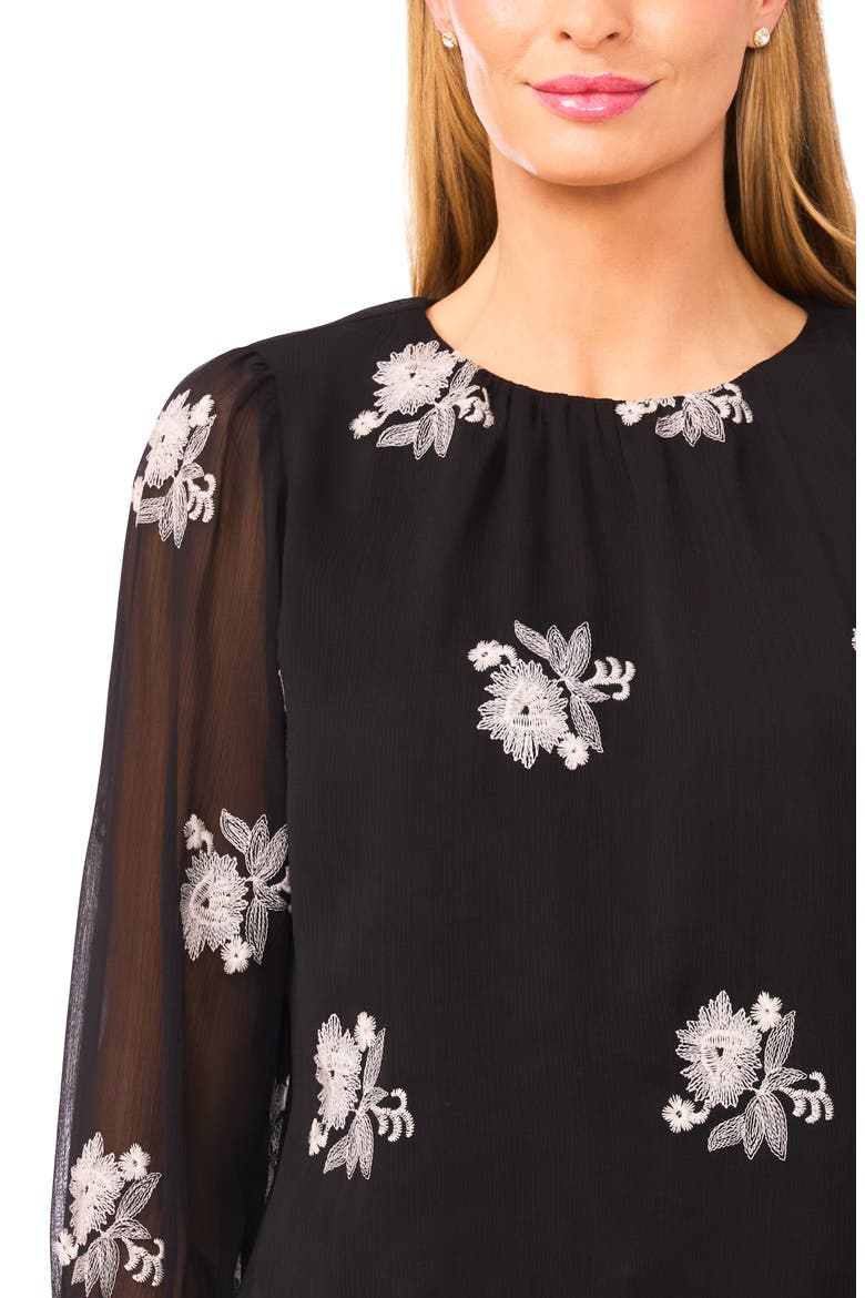 Floral Embroidered Ruffle Cuff Georgette Top, Alternate, color, RICH BLACK