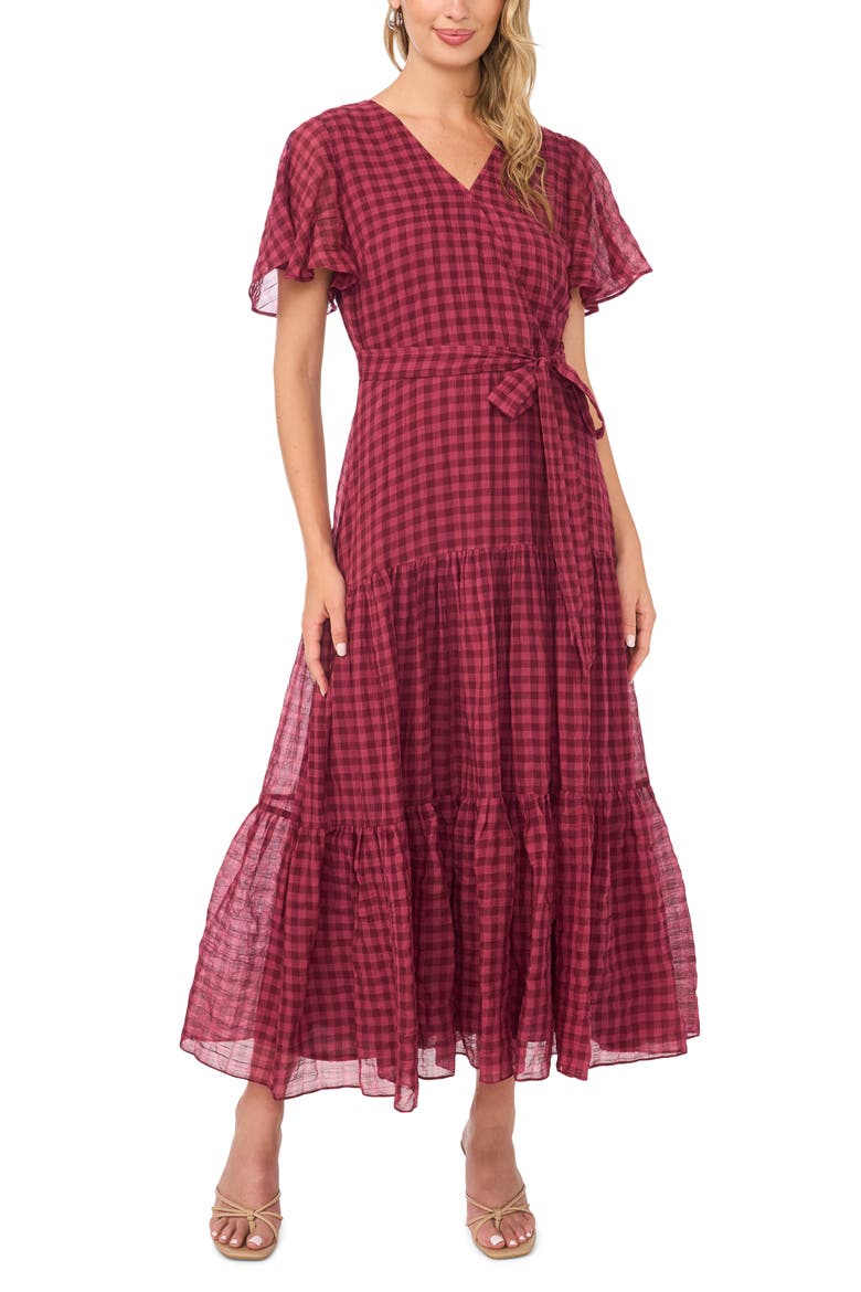 Fit & Flare Gingham Maxi Dress, Main, color, CRISP MERLOT