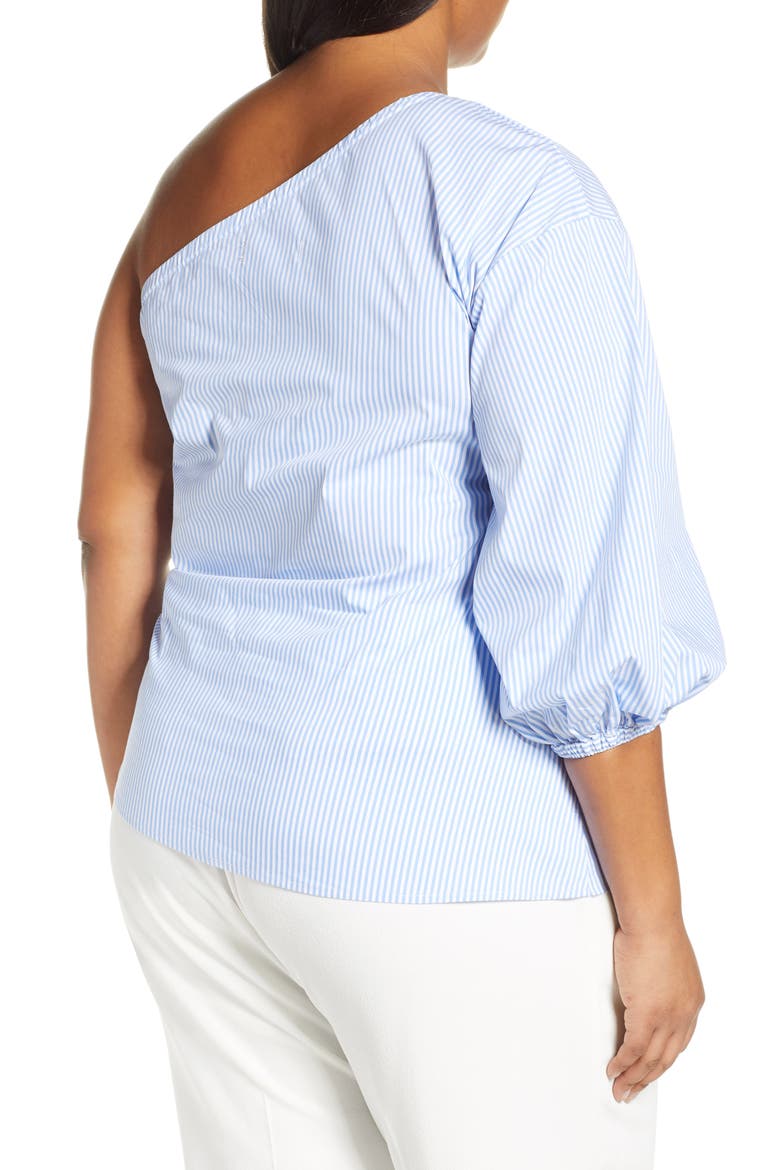 Jason Wu x ELOQUII One-Shoulder Puff Sleeve Blouse, Alternate, color, BLUE/ WHITE