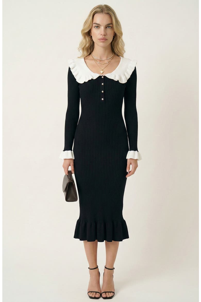 Ribbed Knit Ruffled Collar Midi Dress, Main, color, Black