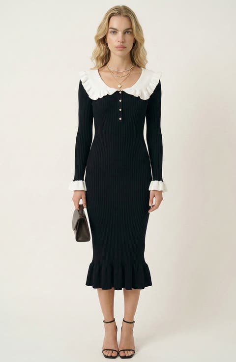 Ribbed Knit Ruffled Collar Midi Dress