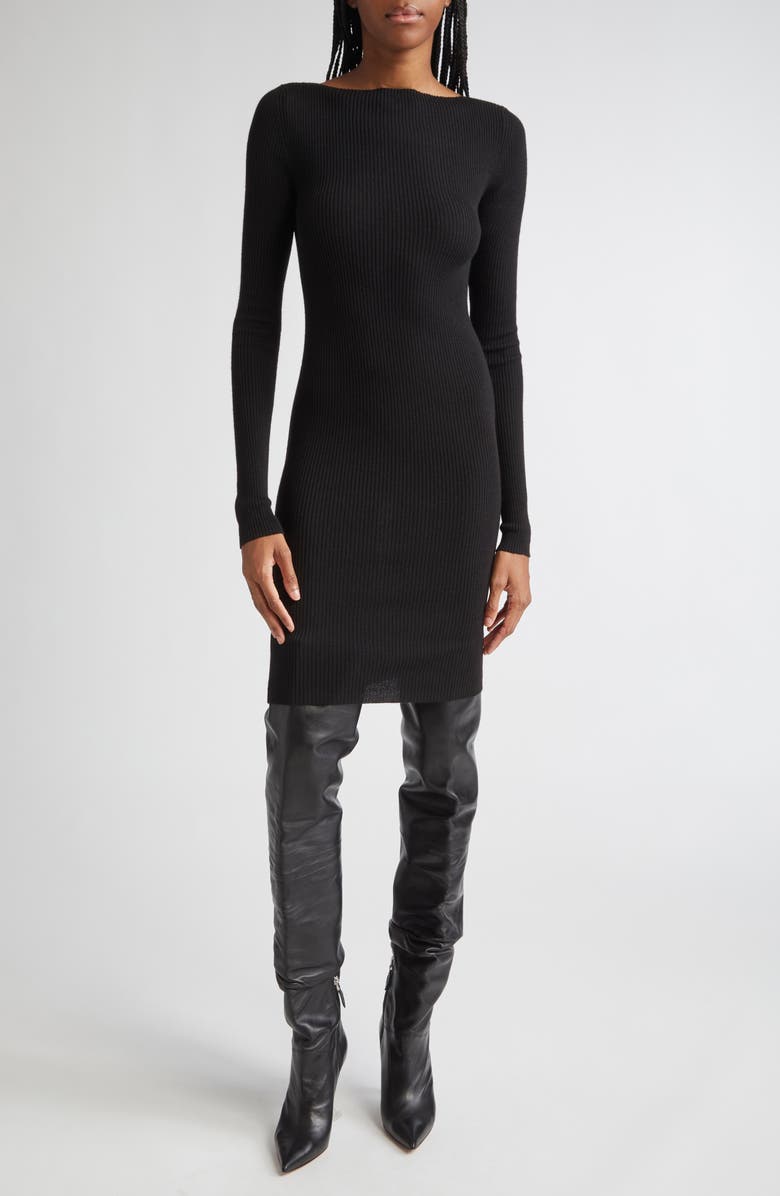 Rick Owens Long Sleeve Rib Virgin Wool Sweater Dress, Main, color, Black
