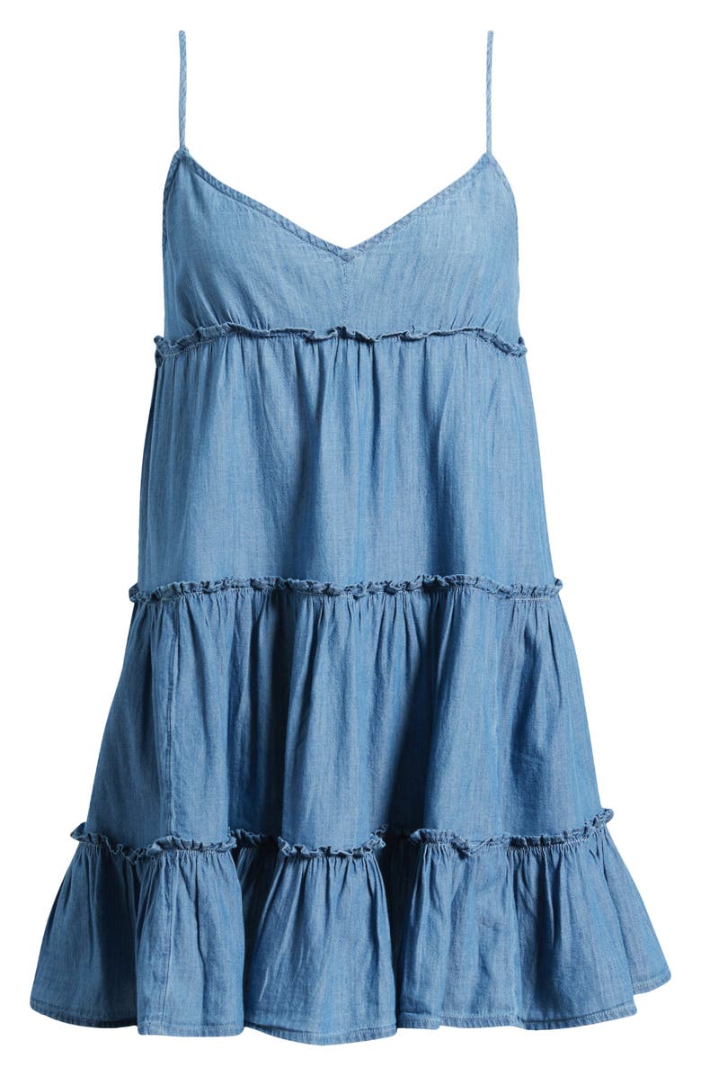 BP. Tie Strap Tiered Denim Minidress, Alternate, color, Medium Wash