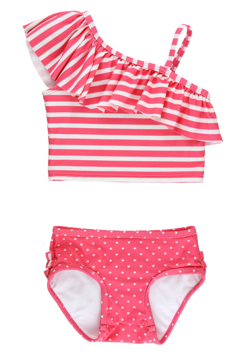 Kids' Hot Pink Heart Ruffle One-Shoulder Two-Piece Swimsuit, Main, color, PINK