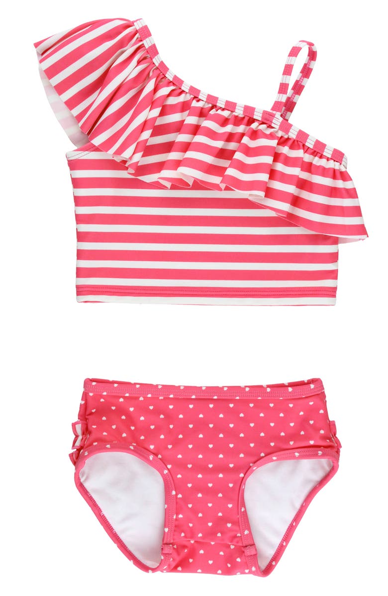 RuffleButts Kids' Hot Pink Heart Ruffle One-Shoulder Two-Piece Swimsuit, Main, color, Pink