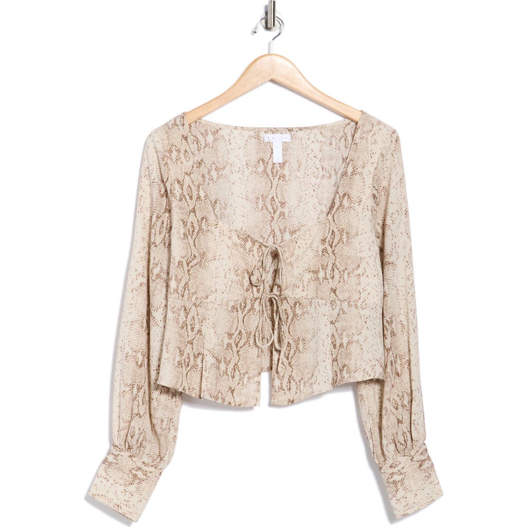 Leith Tie Front Crepe Long Sleeve Top In Multi